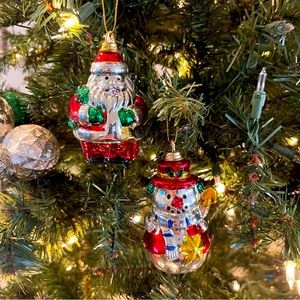 Vintage Kitsch Christmas Ornaments Plastic Red Hat Snowman and Santa Clause